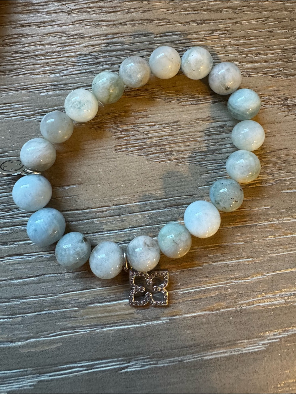Beaded Stretch Bracelet with Silver Filigree Charm - aquamarine